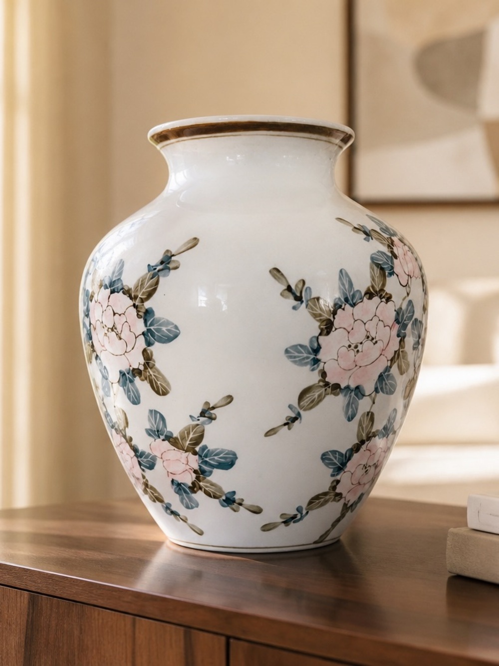 Vintage  Painted Porcelain Floral Vase in White with Blue and Pink Flowers in